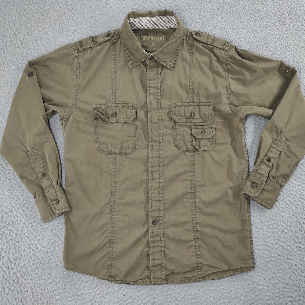 Request Shirt Mens Medium Green Utility Military Button Front Cotton Long Sleeve